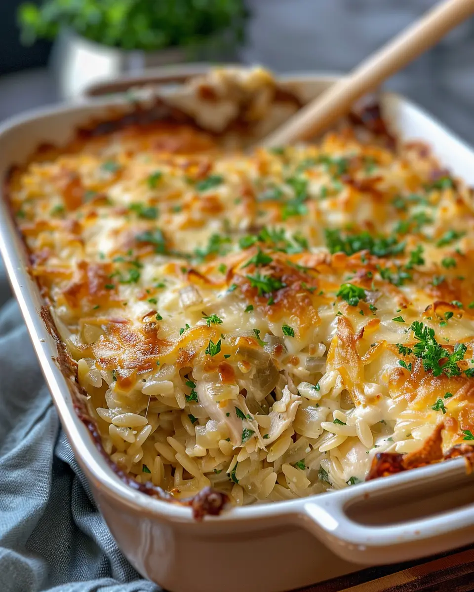 French Onion Chicken Orzo Casserole with Savory Turkey Bacon