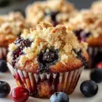 Bitten blueberry muffin with streusel crumbs on top Blueberry Muffins With Streusel Crumb Topping