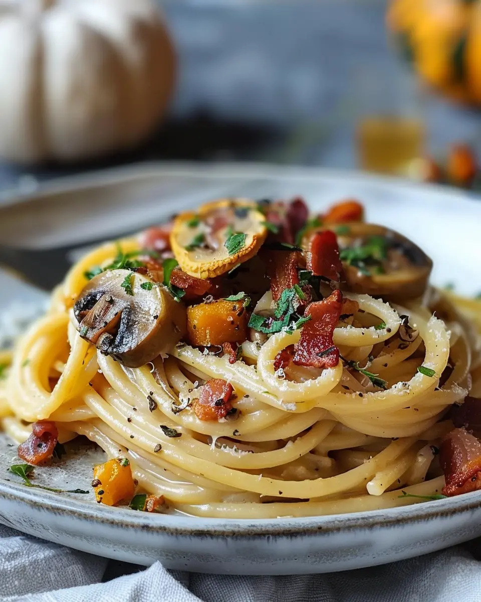 Pumpkin &amp; Mushroom Spaghetti with Crispy Turkey Bacon Delight