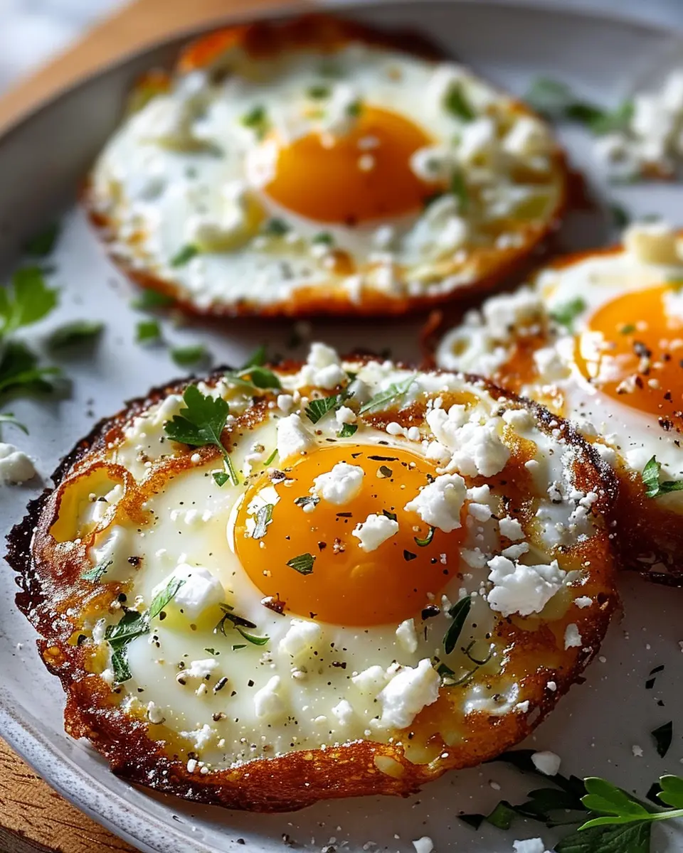 Crispy Feta Fried Eggs with Turkey Bacon and Fresh Herbs