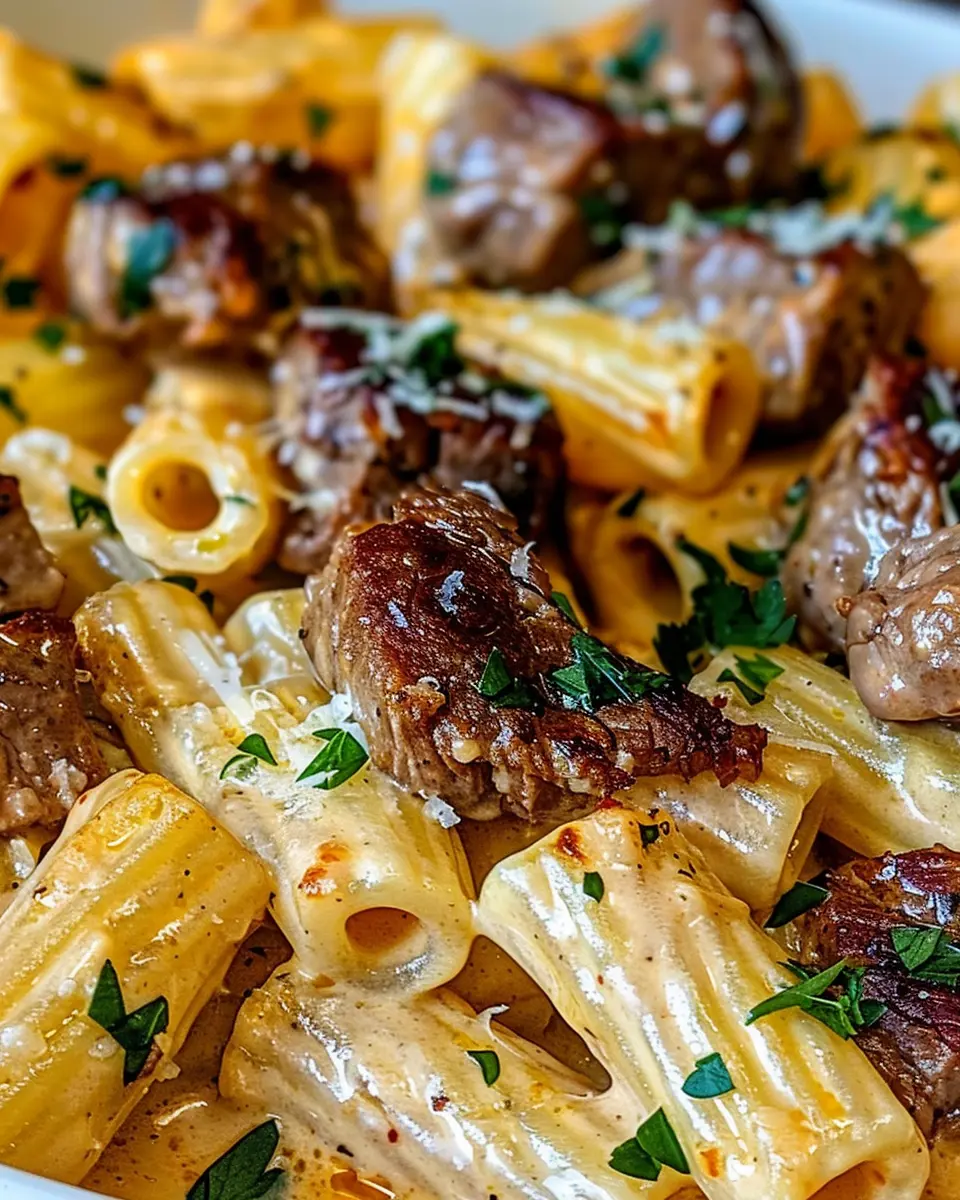Cajun Steak Tips in Indulgent Cheesy Rigatoni Parmesan Sauce