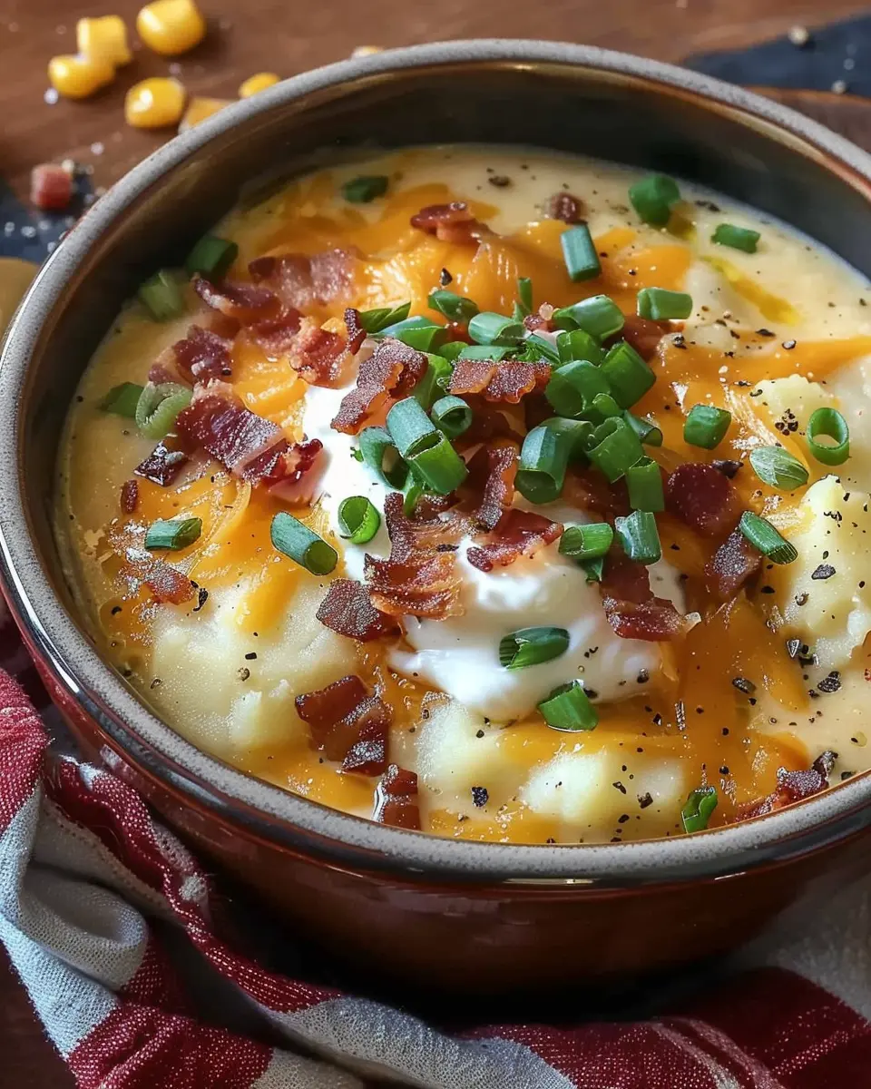 Comforting Loaded Baked Potato Soup with Turkey Bacon and Chicken Ham