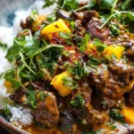 Curried Beef & Mushrooms with Creamy Peanut Sauce and Mango Salsa